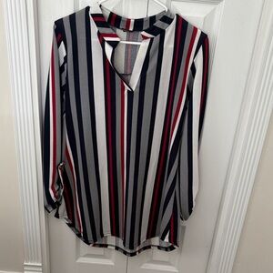 Striped Long Sleeve Blouse - Red, Blue, White